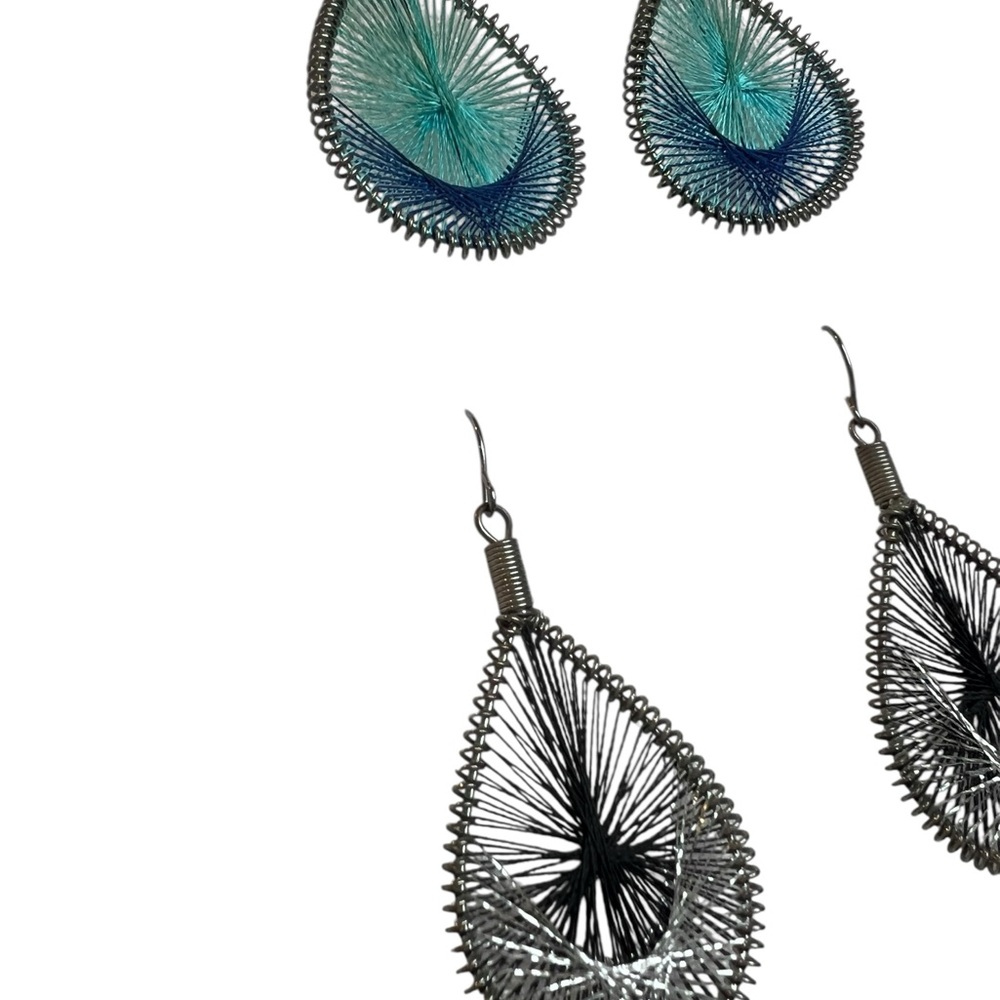 Boho Pierced Teardrop Thread Wrapped Dandle Earrings Blue Black Silver - Picture 2 of 5
